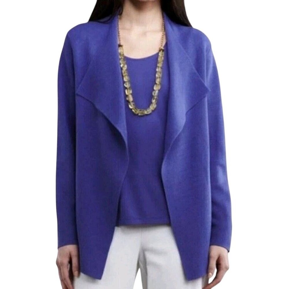 Eileen Fisher Silk Organic Cotton Interlock Shape Sweater Jacket Iris Size L